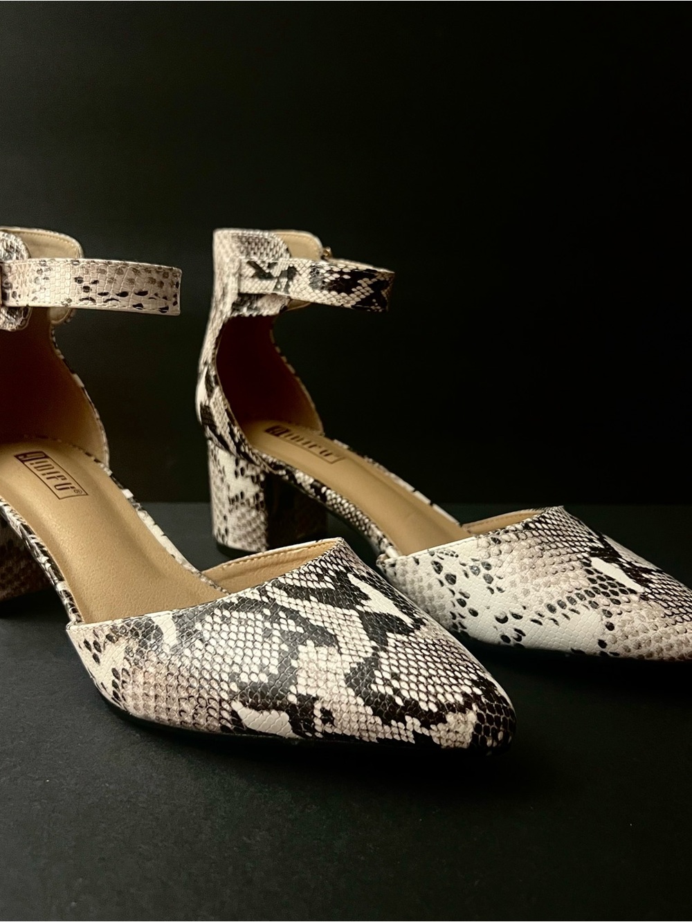 IDIFU Snake-Print Ankle Strap Block Heels - Cream & Black Sz7.5